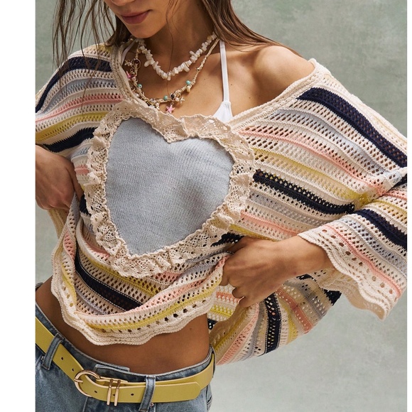 BellanBlue Tops - BellanBlue Multicolor Striped Crochet Heart Cutout Short Sleeve Tee